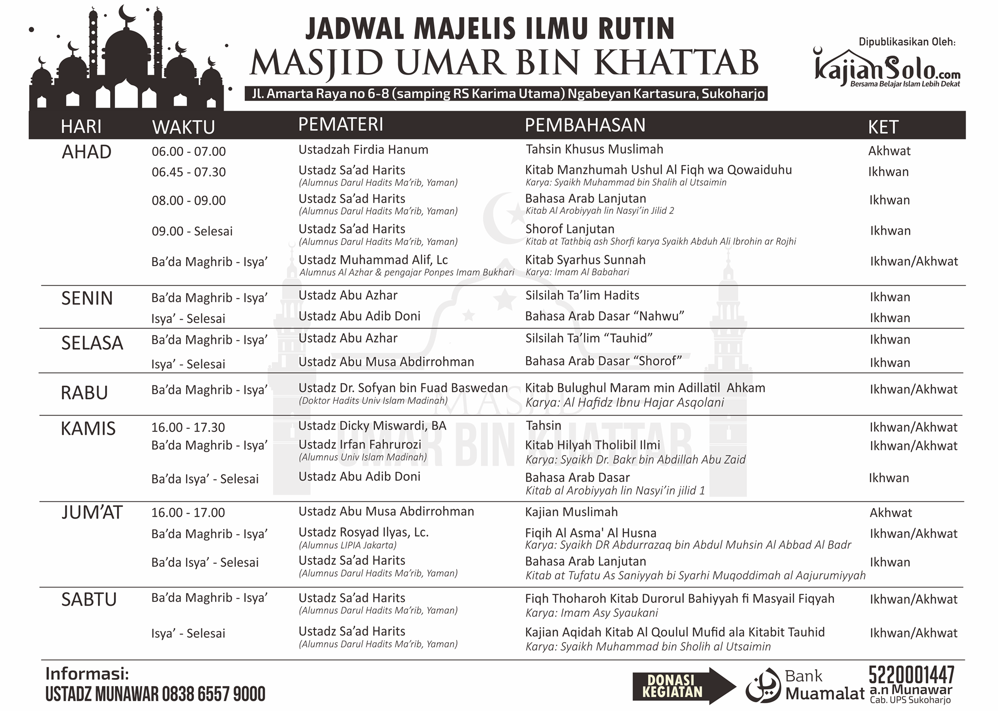 Jadwal Kajian Rutin Masjid Umar bin Khattab (Kartasura 